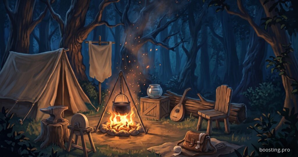 A camp in WoW Forever with profession features around the campfire