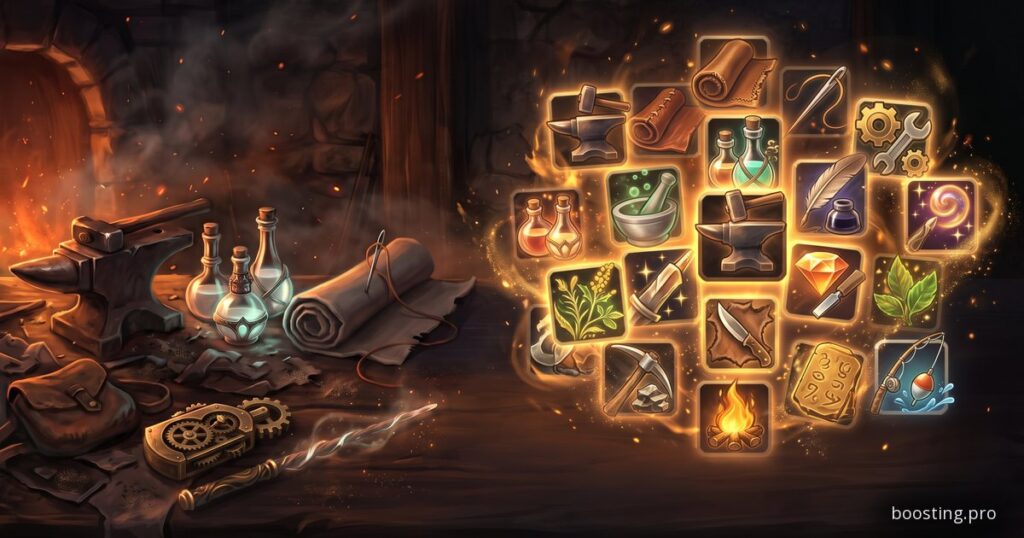 WoW Forever professions: a crafting workbench with an anvil, potions and cloth beside glowing icons of every profession