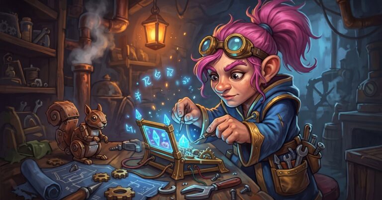 A gnome mage-engineer tunes a glowing magical device in a cluttered workshop