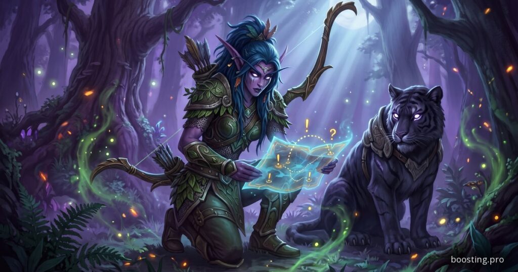 A night elf hunter with a nightsaber studies a glowing magic map in a moonlit forest