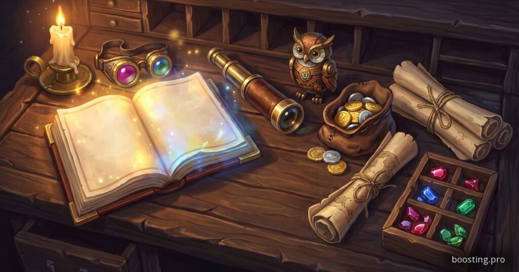 A neatly organized adventurer's desk with tools, maps, gems and a mechanical owl