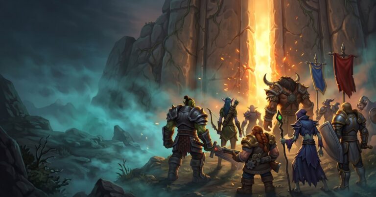 Adventurers of the Alliance and Horde wait at the opening gates at dawn