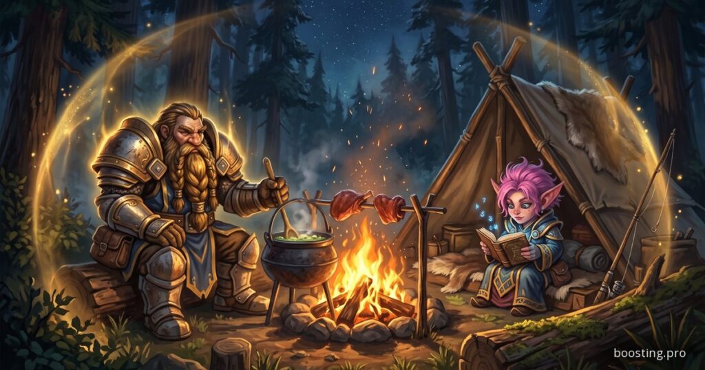 A dwarf paladin and a gnome mage rest by a campfire in a forest camp at night