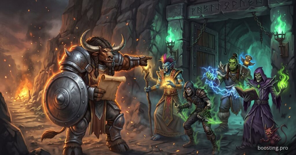 A Horde party of five gathers at a dungeon entrance with a quest scroll