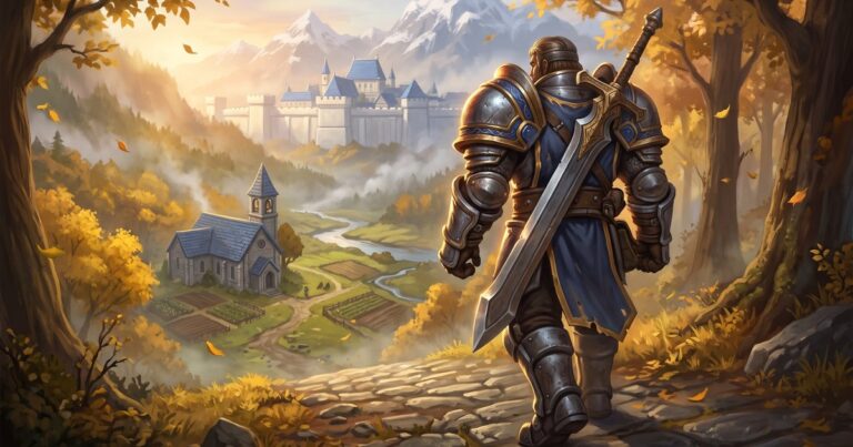 An Alliance warrior in plate armor strides out of a golden forest toward a white city at sunrise