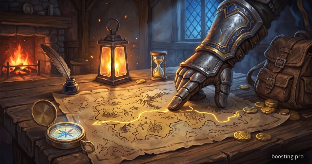 A glowing route drawn across an old map with a compass and hourglass